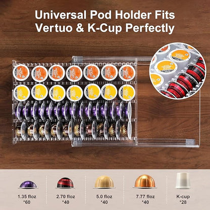 Coffee Pod Drawer Organizer for Nespresso Vertuo Pods,Acrylic Coffee Pod Holder Holds 40 Large or 60 Small Capsules or 28 K-Cups,Pull-Out Drawer with Anti-Slip Base for Home & Coffee Station,Crystal