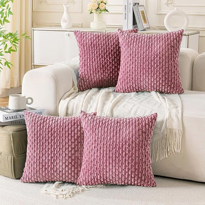 Set of 4 Pink Decorative Throw Pillow Covers 18x18 Inch Corduroy Pillow Covers for Bed Couch Sofa Living Room Soft Square Cushion Cases