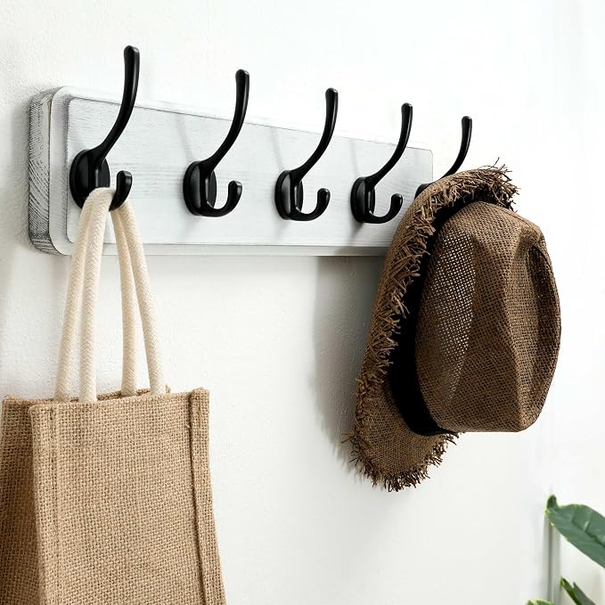 SKOLOO Rustic Wall Mounted Coat Rack, 16 inches Hole to Hole, Case of 2, Pine Solid Wood Coat Hook Hanger - 5 Hooks for Hanging Clothes Robes Towels Coats