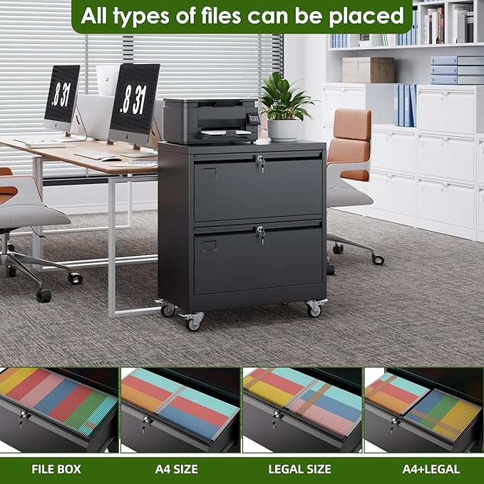 Aobabo 2 Drawer Lateral File Cabinet with Wheels, Lockable Metal Filing Cabinet for Home Office, Legal/Letter Size,Black,Required Assembled,15.87" D x 28.94" W x 34" H