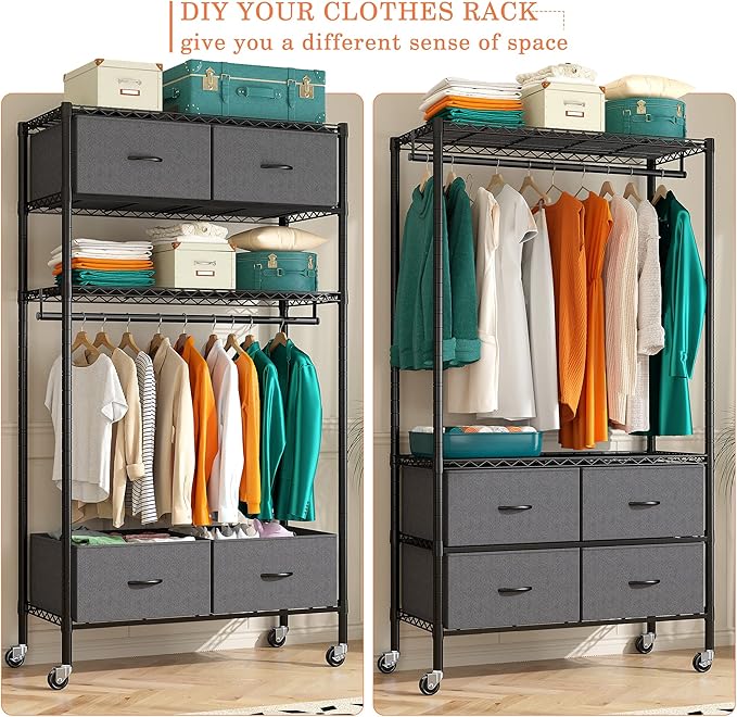 Raybee Rolling Clothes Rack for Hanging Clothes, Clothing Rack with 4 Fabric Drawers and Wheels, Portable,Adjustable,Sturdy,Black