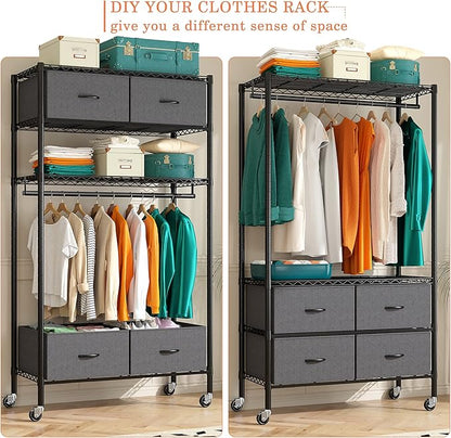 Raybee Rolling Clothes Rack for Hanging Clothes, Clothing Rack with 4 Fabric Drawers and Wheels, Portable,Adjustable,Sturdy,Black