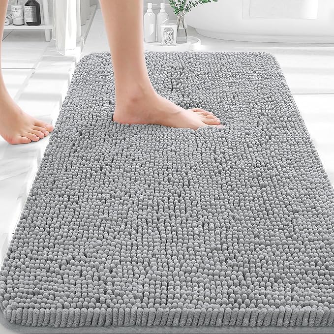 OLANLY Bathroom Rugs 30x18, Extra Soft Absorbent Chenille Bath Rugs, Rubber Backing Quick Dry, Machine Washable Bath Mats for Bathroom Floor, Tub and Shower, Home Decor Accessories, Light Grey