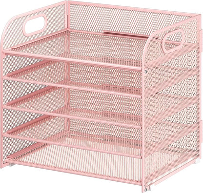 5 Tier Paper Organizer with Handle, Pink Metal Mesh Desk Organizer File Folder Paper Letter Tray Desktop Document Sorter for Classroom, School, Office Accessories Organization and Storage