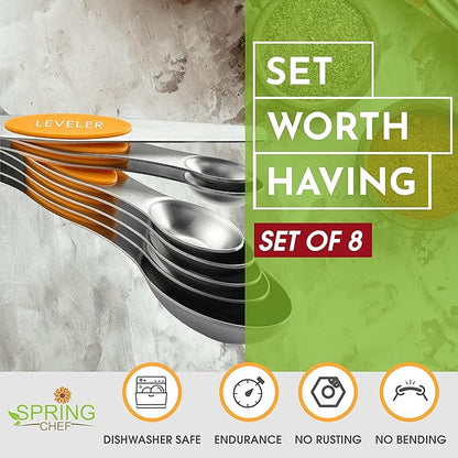 Spring Chef Stainless Steel Magnetic Measuring Spoons Set of 8 with Leveler, Dual Sided Metal Teaspoon & Tablespoon Measuring Spoons, Kitchen Gadgets for Baking & Cooking, Fits in Spice Jars - Mango