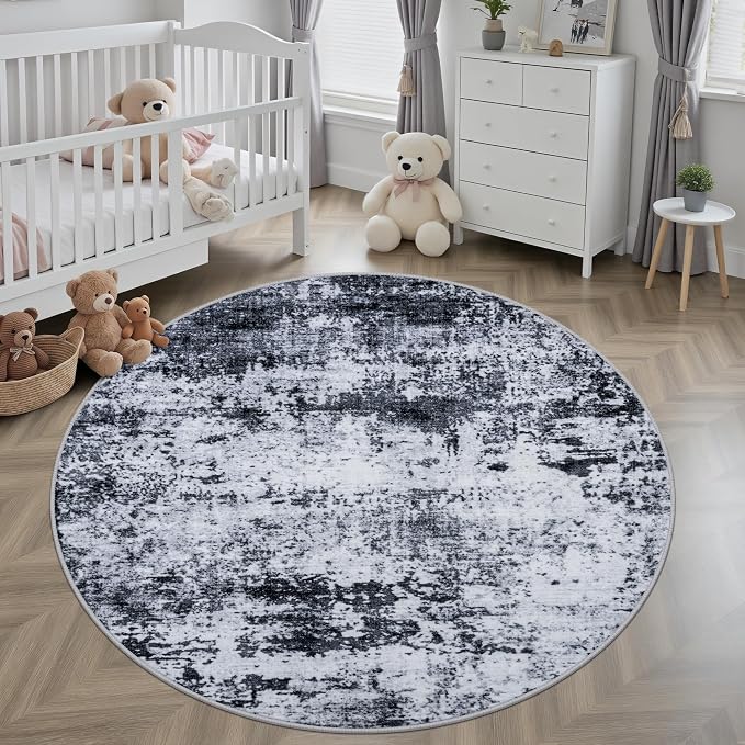 Round Area Rug for Living Room: 8 ft Washable Modern Abstract Soft Thin Rug Indoor Floor No Slip Stain Resistant Carpet for Bedroom Dining Room Farmhouse Nursery Home Office - Black
