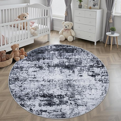 Round Area Rug for Living Room: 6 ft Washable Modern Abstract Soft Thin Rug Indoor Floor No Slip Stain Resistant Carpet for Bedroom Dining Room Farmhouse Nursery Home Office - Black