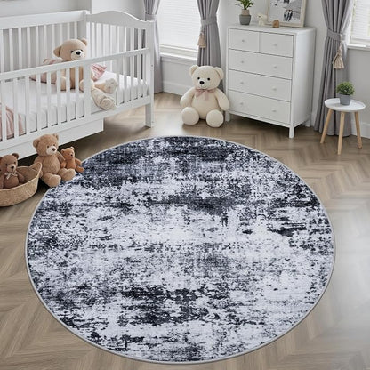 Round Area Rug for Living Room: 5 ft Washable Modern Abstract Soft Thin Rug Indoor Floor No Slip Stain Resistant Carpet for Bedroom Dining Room Farmhouse Nursery Home Office - Black