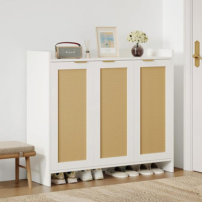 Shoe Cabinet, 41" Tall Rattan Shoe Storage Organizer Cabinet, Adjustable Shelves, 6-Tier Farmhouse Boho Wooden Storage Cabinet for Entryway Hallway Closet Bedroom,White