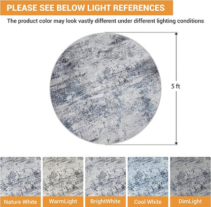 Round Rug 5ft Circle Rug Washable: Carpet Small Circular Area Rug for Entryway Kitchen Bedroom Dining Room Living Room 5 Feet Abstract College Dorm Non Slip Low Pile Blue Grey