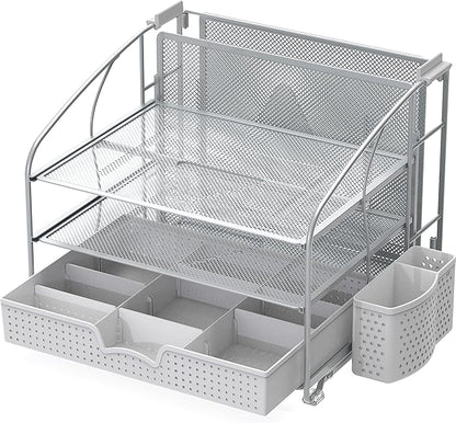 Simple Houseware 3-Tier Desk Organizer with Sliding Drawer, Hanging File Holder and Pen Holder Accessory, Silver