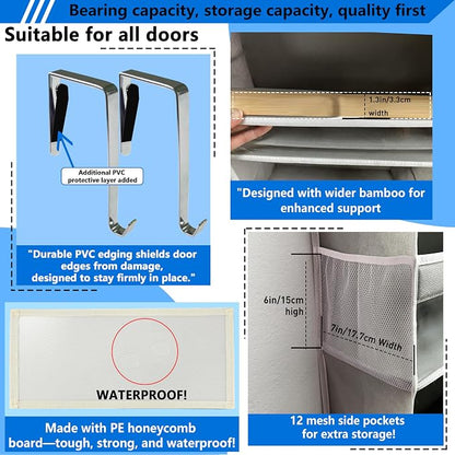 Over the Door Organizer Storage 6 Tier, 12 Large Capacity Side Pockets, Heavy Duty Metal Reinforced Hook Anti Tilt 75 LB Load Behind Door Storage for Bedroom Bathroom Pantry Nursery