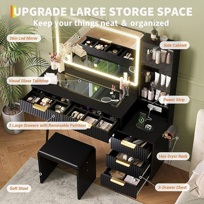 48" Makeup Vanity Desk with Mirror ＆ Lights, 4 Drawers & 3-Shelves Vanity Desk Set, 3 Color Lighting Modes ＆ Adjustable Brightness, Dressing Table Set w/Charging Station for Bedroom - Black