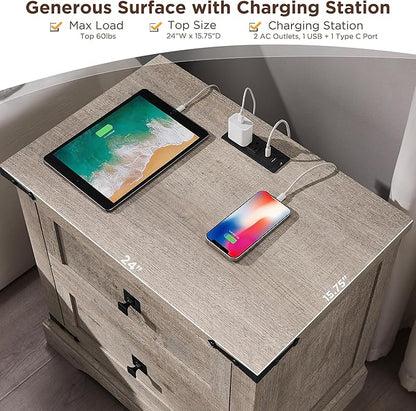 T4TREAM 24" Farmhouse Nightstand with Charging Station Set of 2, Large End Table with 2 Storage Drawers, Rustic Wood Sofa Bedside Table for Bedroom, Light Rustic Oak