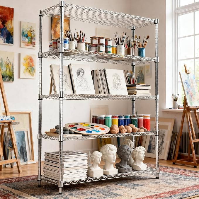 M MZG 1750LBS 47.2" W 5 Tiers Shelf Steel Storage Shelves Metal Shelving Unit Steel Organizer Wire Rack for Home,Kitchen,Office,Garage Chrome 17.7" D x 47.2" W x 72.4" H