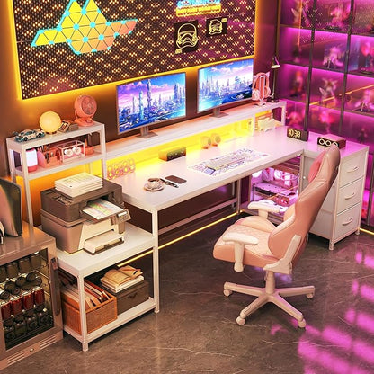 EnHomee 71" L Shaped Gaming Desk with LED Lights,White Computer Desk with Drawers and Printer Shelf,Power Outlet,Reversible Home Office Desks with Storage and Monitor Stand