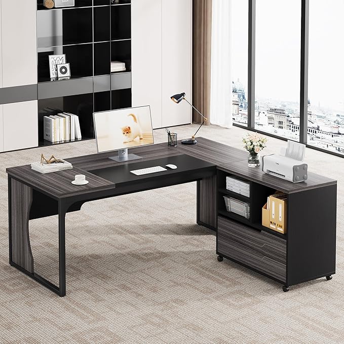 L Shaped Executive Computer Desk with Mobile File Cabinet and LED Light, 63 inch Large Office Table Business Furniture with Storage and Drawers for Home Office, Gray and Black