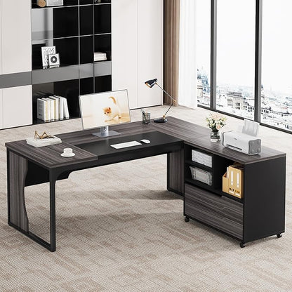 L Shaped Executive Computer Desk with Mobile File Cabinet and LED Light, 63 inch Large Office Table Business Furniture with Storage and Drawers for Home Office, Gray and Black