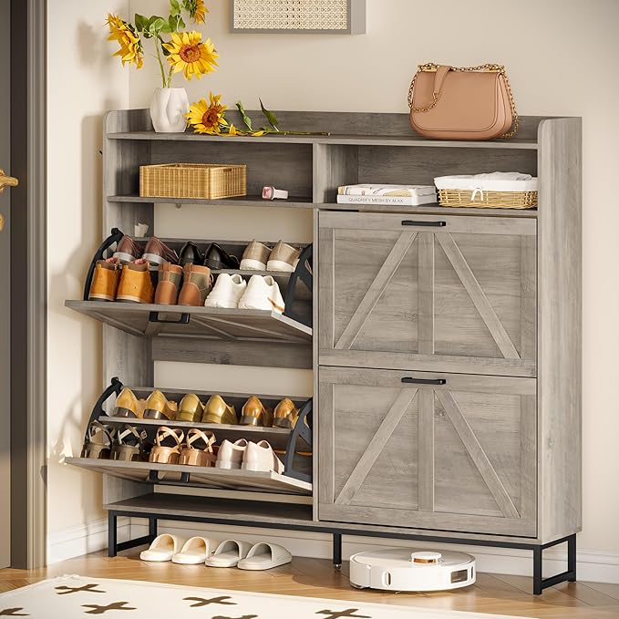 Shoe Cabinet Storage for Entryway, Shoe Storage Cabinet with 4 Flip Drawers, Freestanding Narrow Shoe Rack Organizer with Metal Legs, Adjustable Shelves & Open Storage for Foyer, Hallway, Grey