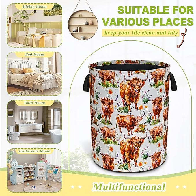 Highland Cow Laundry Basket Funny Cattle Foldable Waterproof Oxford Cloth Tote Bag Laundry Hamper Round Large Clothes Storage Bucket Toy Organizer For Bathroom/Laundry Storage/Bedroom 18.9x16.5 Inch