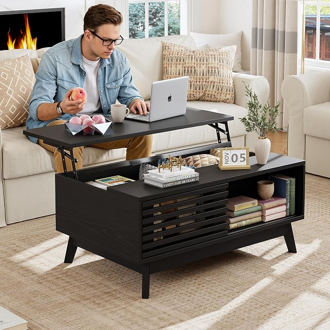 HAIOOU Lift Top Coffee Table, Mid Century Modern Coffee Table with Hidden Storage for Living Room, 35.4" Lift Tabletop Coffee Tables with Sliding Fence Door for Dining Working (Black)