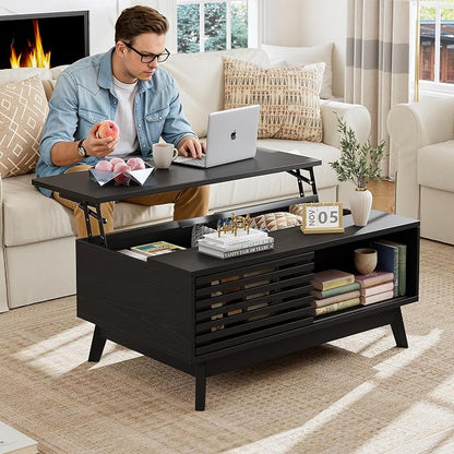 HAIOOU Lift Top Coffee Table, Mid Century Modern Coffee Table with Hidden Storage for Living Room, 35.4" Lift Tabletop Coffee Tables with Sliding Fence Door for Dining Working (Black)