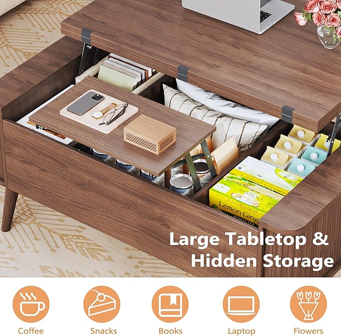 HUAHUU Lift Top Coffee Table with Storage, 40" Square Coffee Table with 3 Hidden Compartments, Modern Center Table with Lifting top, Converts to Dining Table for Living Room, Home Office, Walnut
