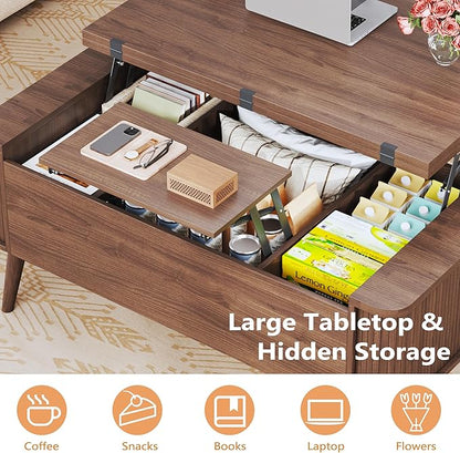 HUAHUU Lift Top Coffee Table with Storage, 40" Square Coffee Table with 3 Hidden Compartments, Modern Center Table with Lifting top, Converts to Dining Table for Living Room, Home Office, Walnut