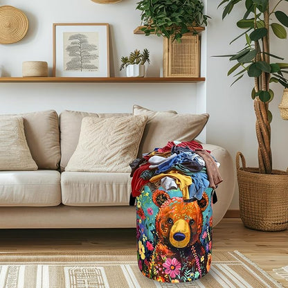 Bear Laundry Basket Oxford Cloth Foldable Colored Animal Flowers Laundry Hamper With Handle Portable Clothes Storage Organizer Basket 18.9x16.5 Inch Laundry Bag For Laundry Room/Bedroom/Bathroom