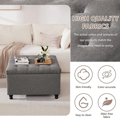 Weture 30 Inch Large Square Storage Ottoman Coffee Table, Oversized Square Ottoman with Storage, Tufted Upholstered Coffee Tables for Living Room (Fabric, Dark Grey)
