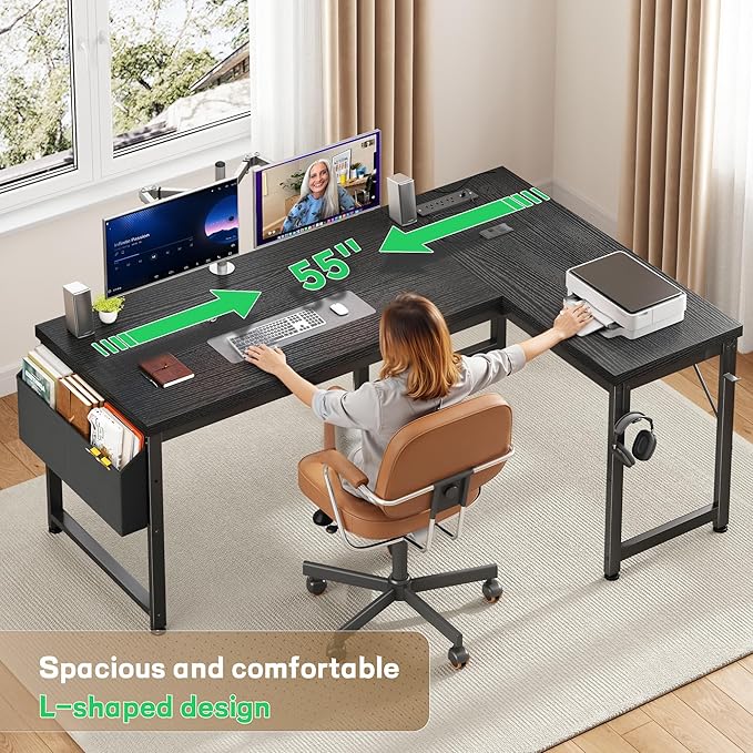 L Shaped Desk Gaming Desk with Power Outlets & 0.95 Inch Thicker Desktop, Computer Desk with Storage Bag, Corner Desk with LED Lights, Reversible Office Desk for Home, Living,Bedroom, Black
