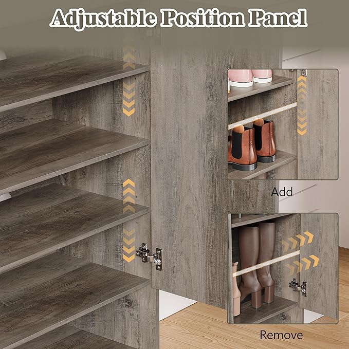 Shoe Cabinet Storage for Entryway, 5 Tier Fluted Shoe Storage Cabinet with Wooden Legs, Narrow Hidden Shoe Organizer with Adjustable Shelves, Freestanding Shoe Rack for Entryway, Hallway, Grey