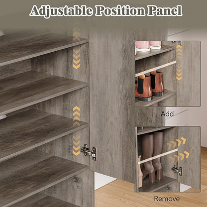 Shoe Cabinet Storage for Entryway, 5 Tier Fluted Shoe Storage Cabinet with Wooden Legs, Narrow Hidden Shoe Organizer with Adjustable Shelves, Freestanding Shoe Rack for Entryway, Hallway, Grey