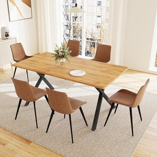 HIPIHOM 7-Piece Dining Table Set for 6 People, 63" MDF Kitchen Table with 6 Upholstered Chairs, Metal Legs for Dining Room, Kitchen(Oak Table+6 Brown Chairs)