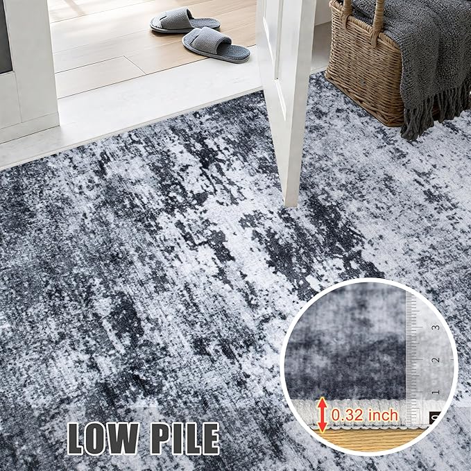2.6'x14' Runner Rug Washable Rug: Modern Abstract Soft Thin Runner Rug Black