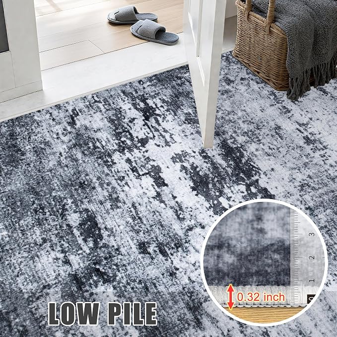 5x5 Area Rug Living Room Rug: Washable Modern Abstract Soft Thin Rug Indoor Floor No Slip Stain Resistant Carpet for Bedroom Dining Room Farmhouse Nursery Home Office - Black