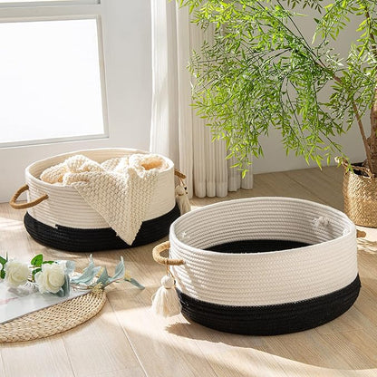 KAKAMAY Woven Baskets for Storage(16"x8"),Blanket Basket for Organizing Living Room,Cotton Rope Basket Woven Baby Laundry Hamper,Collapsible Laundry Room Organization,Clothes,Toy Chest(Black)