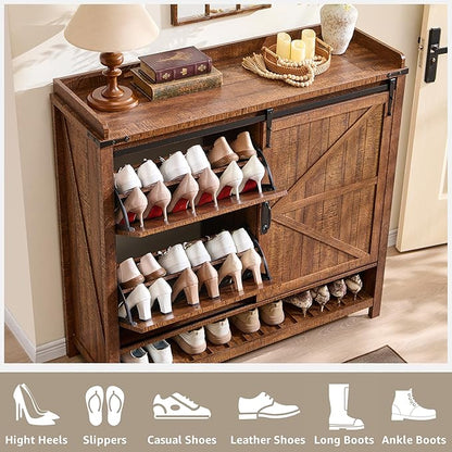 OKD Shoe Storage Cabinet with 2 Flip Drawers & Sliding Door, Farmhouse Entryway Shoe Organizer, Freestanding Rustic Hidden Shoe Rack Cabinet for Entryway, Reclaimed Barnwood