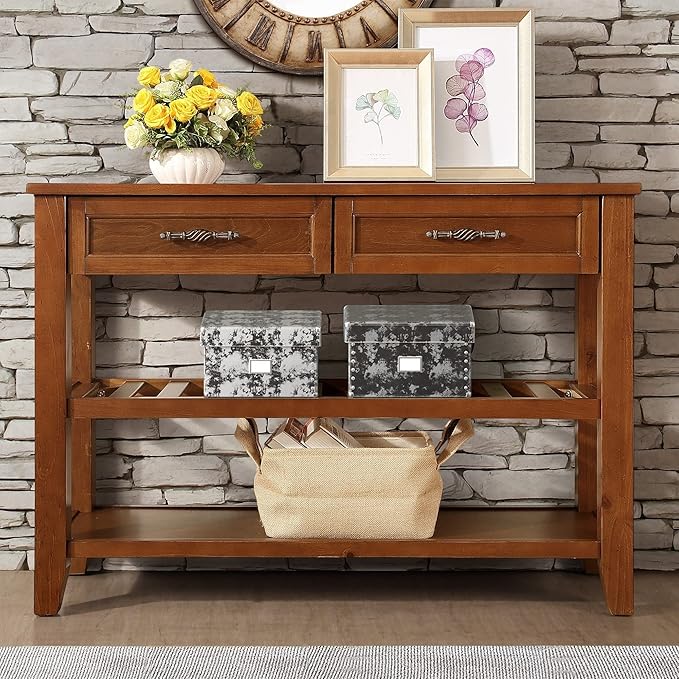 LKTART Solid Wood Console Table Entryway Table with Storage Drawers and Shelves Sofa Tables (42" Brown)