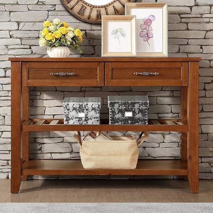 LKTART Solid Wood Console Table Entryway Table with Storage Drawers and Shelves Sofa Tables (42" Brown)