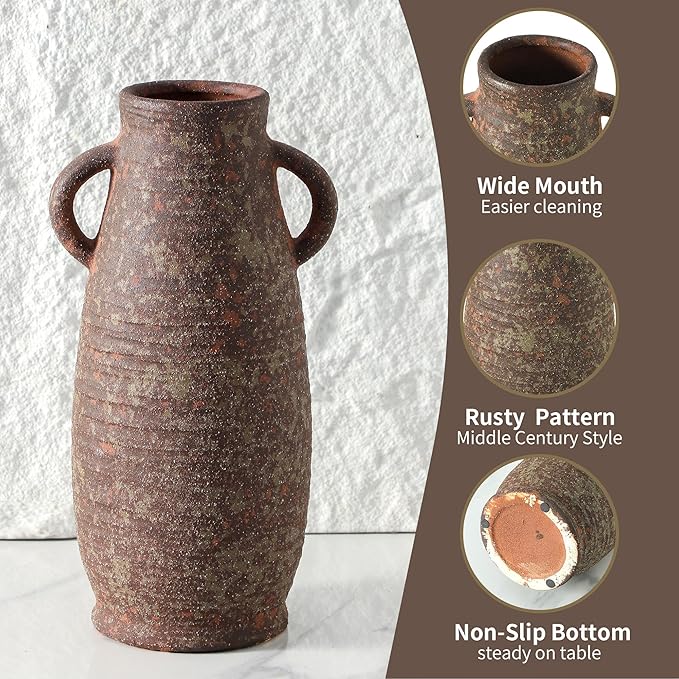 Ceramic Rustic Vase, 12.3 Inch Farmhouse Decorative Flower Vase for Home Decor, Rusty Vase for Living Room Bedroom Kitchen Office Decor Centerpiece Table Decorations