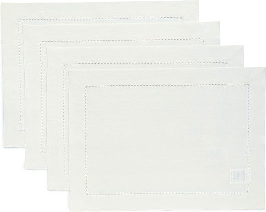 Solino Home Linen Placemats Set of 4 - Classic Hemstitch Ivory Placemats 14 x 19 Inch - 100% Pure Linen Table Mats for Spring, Easter