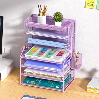 7 Tier Desk File Organizer,Metal Document Holder with Adjustable Shelves, Pull-Out Drawer & Removable Pen Holder for Office Organization,Purple