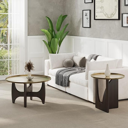 ACEDÉCOR Wood Living Room Table Set, Round Coffee Table Set with1 End Table, 2 Piece Living Room Set with Walnut Geometric Legs and Brushed Gold Tray Top, Easy to Clean