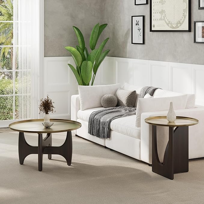 ACEDÉCOR Coffee Table and End Table Sets, Round Center Table Set with 2 Side Tables, Solid Wood Coffee Table Set, 3 Piece Living Room Table Set for Apartment Home