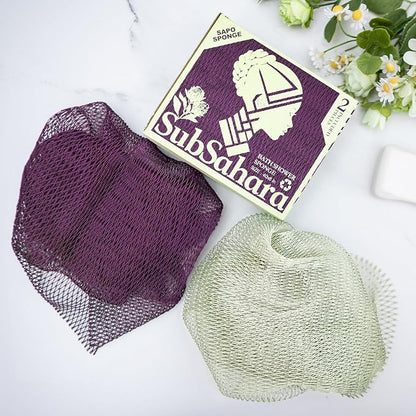 SubSahara Authentic African Net Sponge - 2 Pieces Exfoliating Scrubber for All Skin Types, Bath Sponge for Face & Body, Travel Portable, Durable, Gentle Exfoliation (Berry & Sage Green)