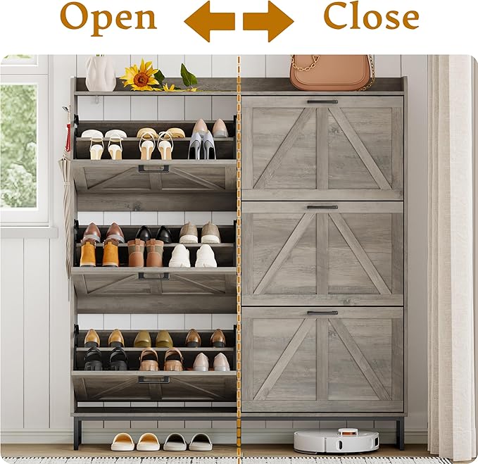 Shoe Cabinet Storage for Entryway, Shoe Storage Cabinet with 6 Flip Drawers, Freestanding Narrow Shoe Rack Organizer with Metal Legs for Foyer, Hallway, Grey