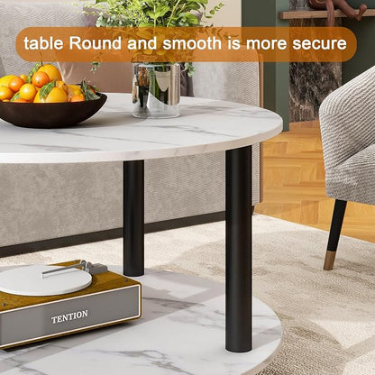 23.6" Round Coffee Table, 2-Tier Small Circle Coffee Table with Storage, Modern Center Accent Table with Metal Frame, Side Table End Table for Small Space, Living Room, Office, White