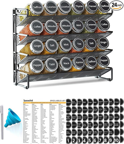 SpaceAid Spice Rack Organizer with 24 Spice Jars, 386 Spice Labels, Chalk Marker and Funnel Set for Cabinet, Countertop, Pantry, Cupboard or Door & Wall Mount -24 Jars, 11.8" W × 10.8" H, Black