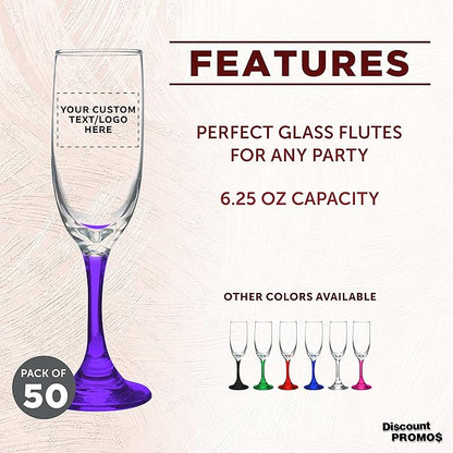 DISCOUNT PROMOS Custom Premiere Champagne Flutes 6.25 oz. Set of 50, Personalized Bulk Pack - Elegant Drinkware for Weddings, Events, & Promotional Gifts - Purple